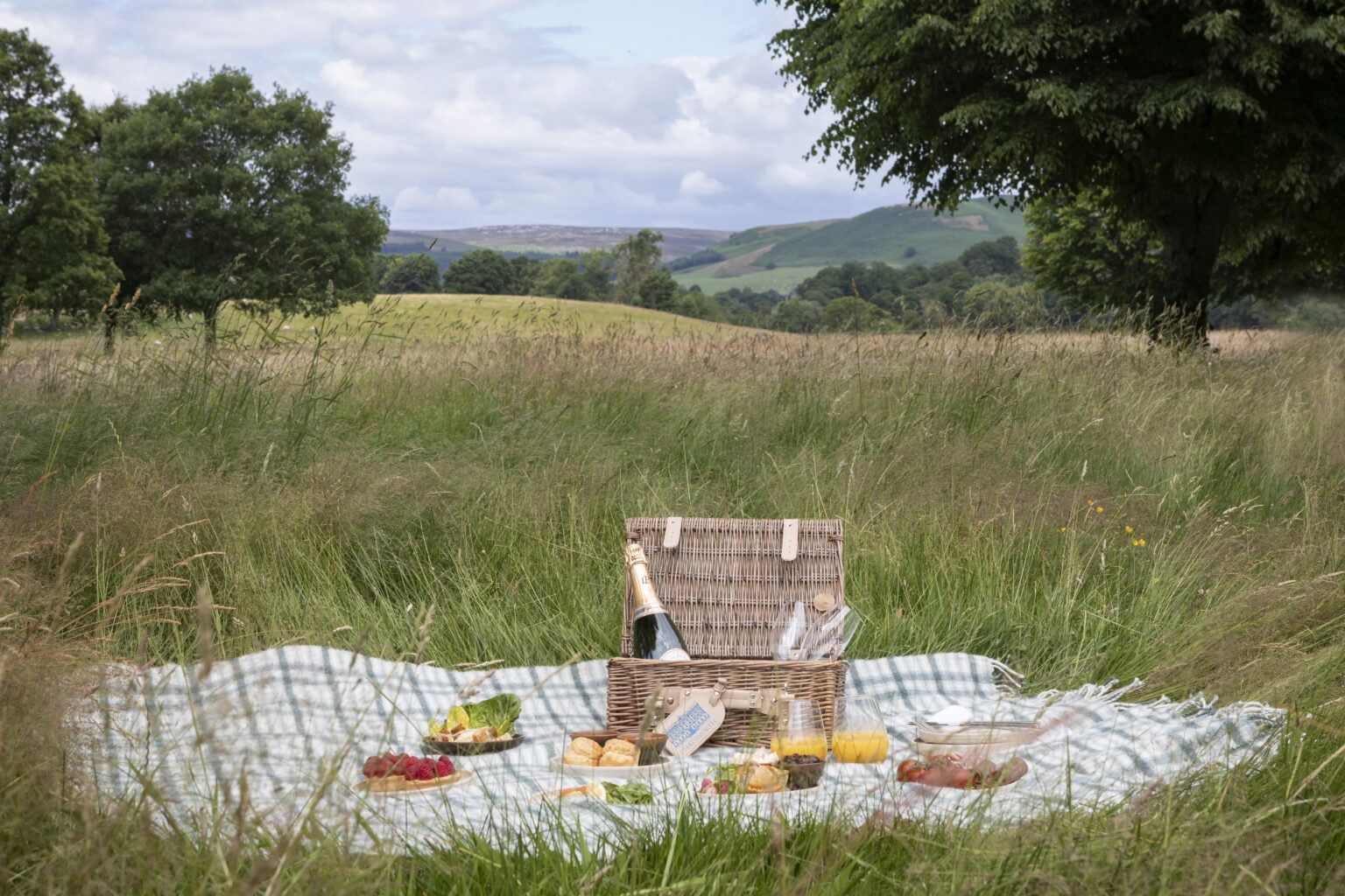 Picnic hamper complete with blanket near the Devonshire Arms at Bolton Abbey