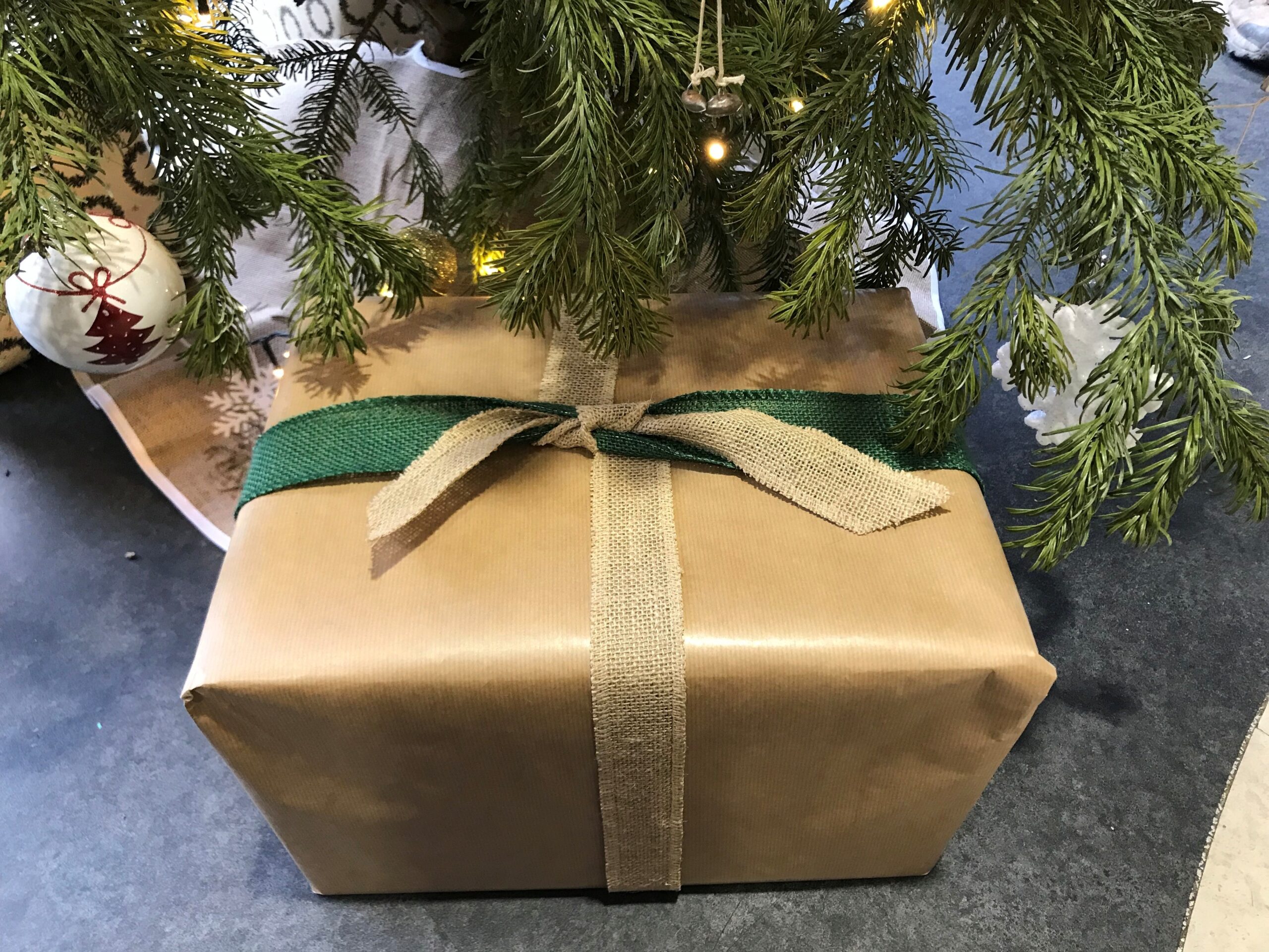 A wrapped up present under a Christmas tree
